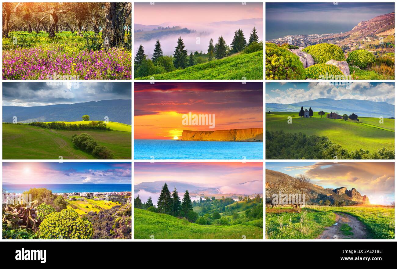 Collage mit 9 bunten Sommer Landschaften. Stockfoto