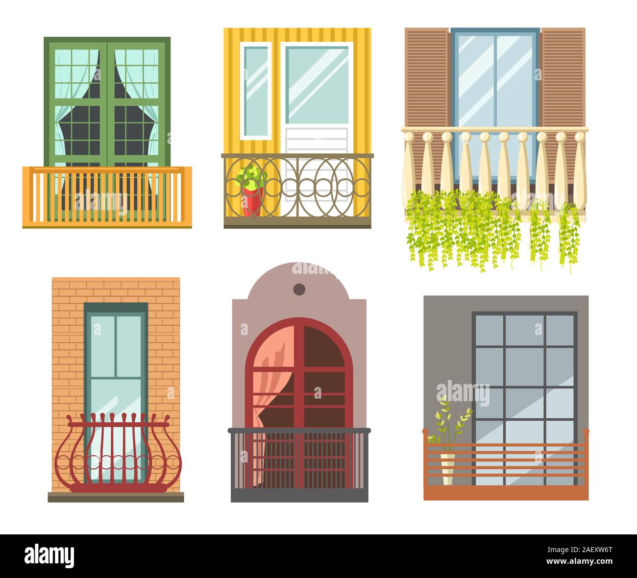 Balkone in verschiedenen Stilen mit Gusseisen oder Stein Geländer Stock Vektor