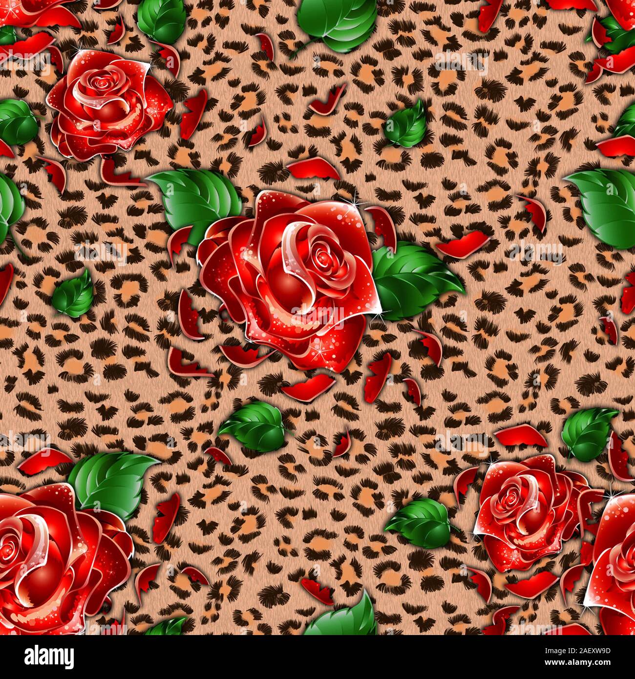 Leopard Skin Texture mit nahtloser rot-rosa Blüten. Fell Muster. Floral background. - Abbildung Stockfoto