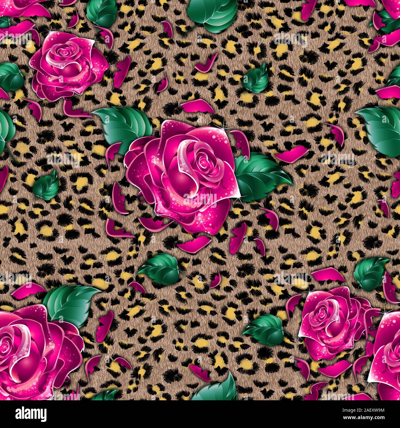 Leopard Skin Texture mit nahtloser rosa Blüten. Fell Muster. Floral background. - Abbildung Stockfoto