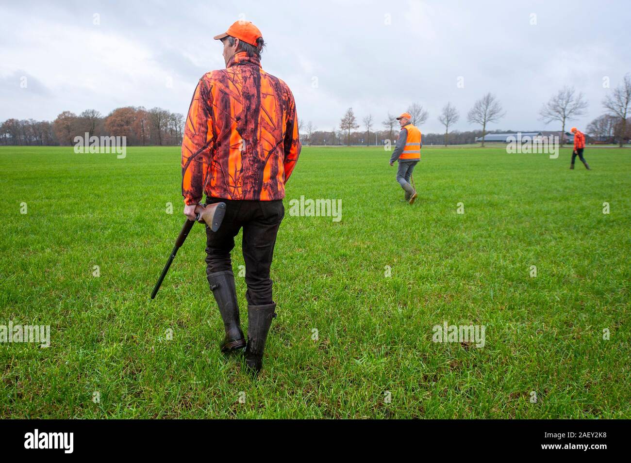 REUTUM, Niederlande - 07 Dez, 2019: Männer mit Schrotflinte und Sticks sind zu Fuß in einer Zeile in einem offenen Feld Jagd auf Hasen en Fasane. Stockfoto