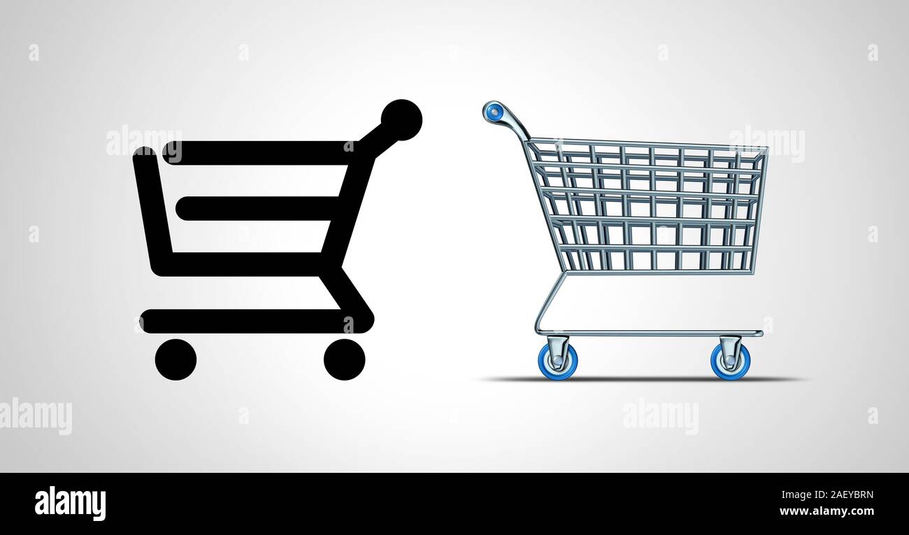 Offline einkaufen oder Online Commerce shopper Wahl die Wahl zwischen zwei Warenkorb Optionen wie der Kauf im Internet oder Einkaufen. Stockfoto
