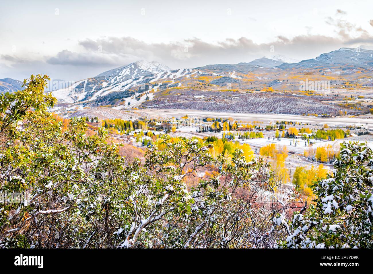 Aspen Colorado berge Brüllengabel-senke hohen Winkel Ausblick auf den kleinen Flughafen während Herbst Herbst Jahreszeit mit Schnee bedeckt baum laub Stockfoto
