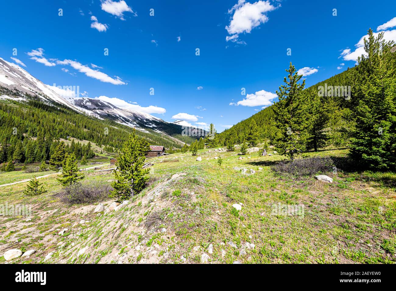 Independence Pass Bergbau Stadt Weitwinkelansicht Kabinen in White River National Forest in Colorado mit grünen Pinien und Schnee Berge Stockfoto