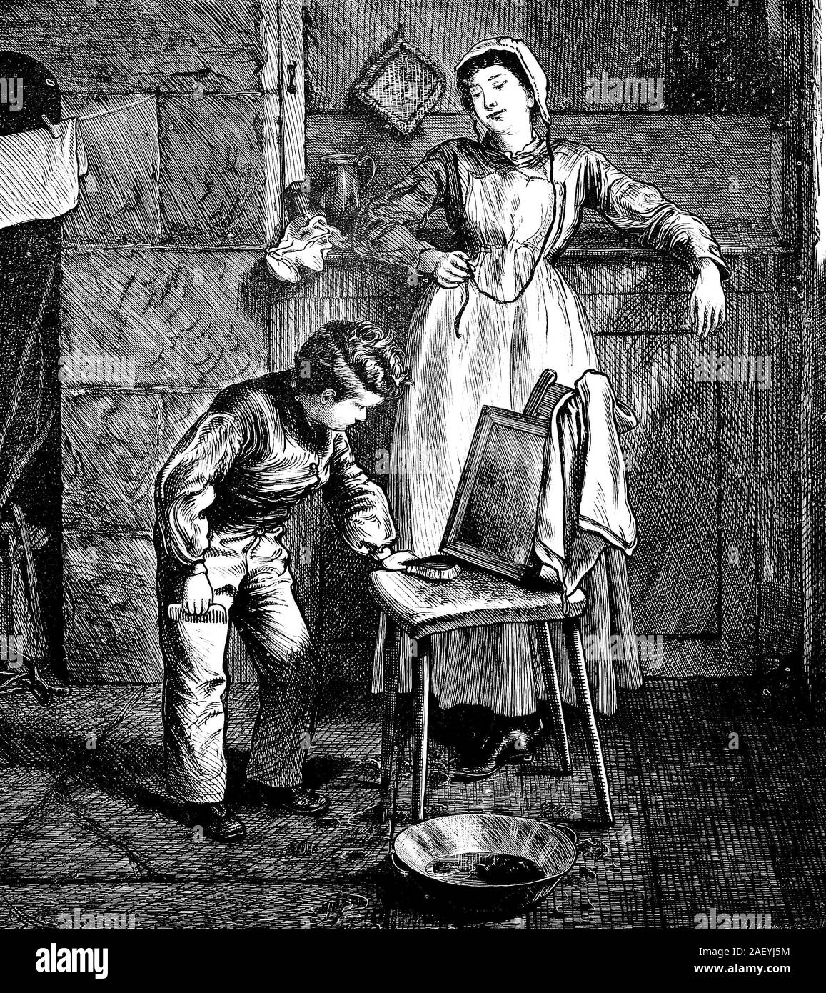 Junge in 1800s das Aufstehen am Morgen und bereitet sich für den Tag, pflegen, während Mutter Uhren. Stockfoto