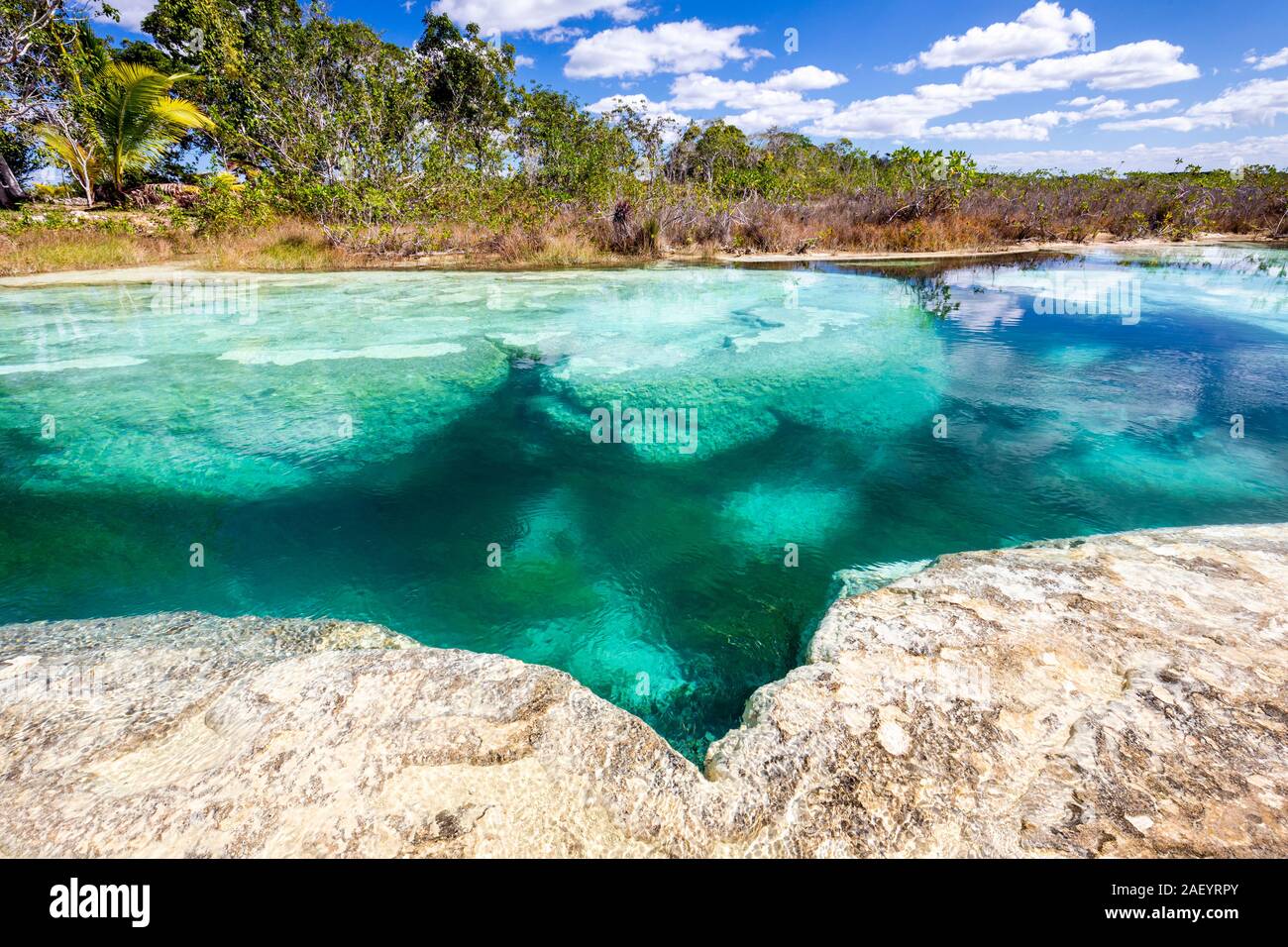 Azure Pool und weiße Felsen kontrastieren in der Nähe der Rapids, Bacalar, Quintana Roo, Mexiko. Stockfoto