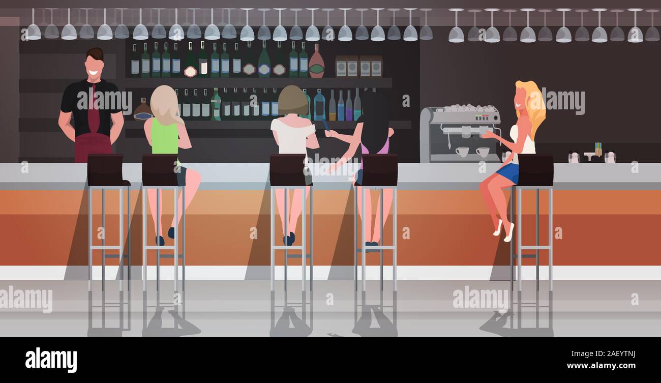 Leute an der Theke, Schreibtisch Kellner, die weiblichen Besucher Frauen diskutieren, bei Treffen mit Freunden Zeit zu verbringen zusammen modernes Cafe innere horizontale Vektor illustration Sitzen Stock Vektor