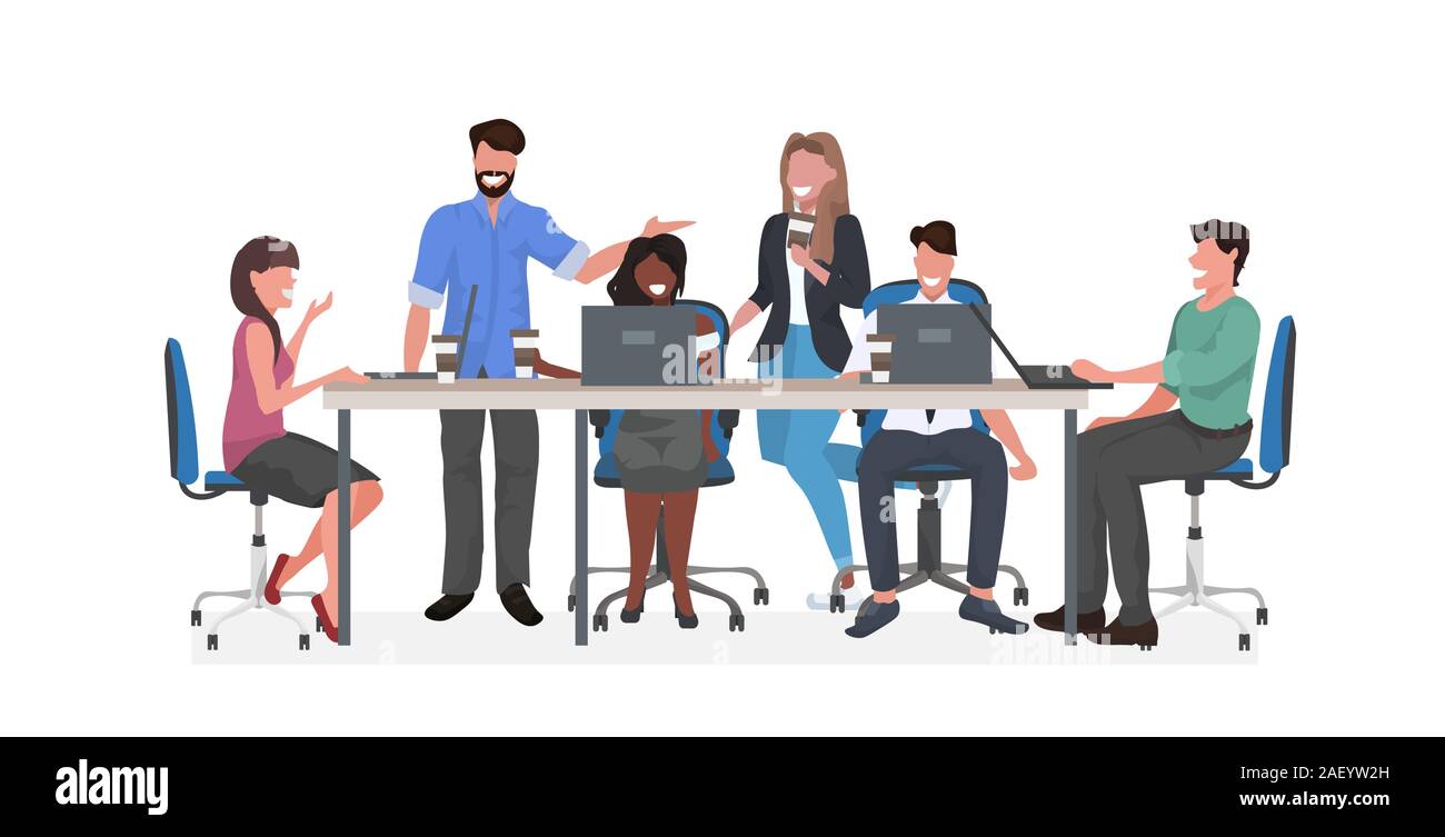 Mix rennen Geschäftsleute Team am runden Tisch diskutieren und trinken Kaffee während der Konferenz Konferenz Teamarbeit Konzept voller Länge horizontale Vektor illustration Stock Vektor
