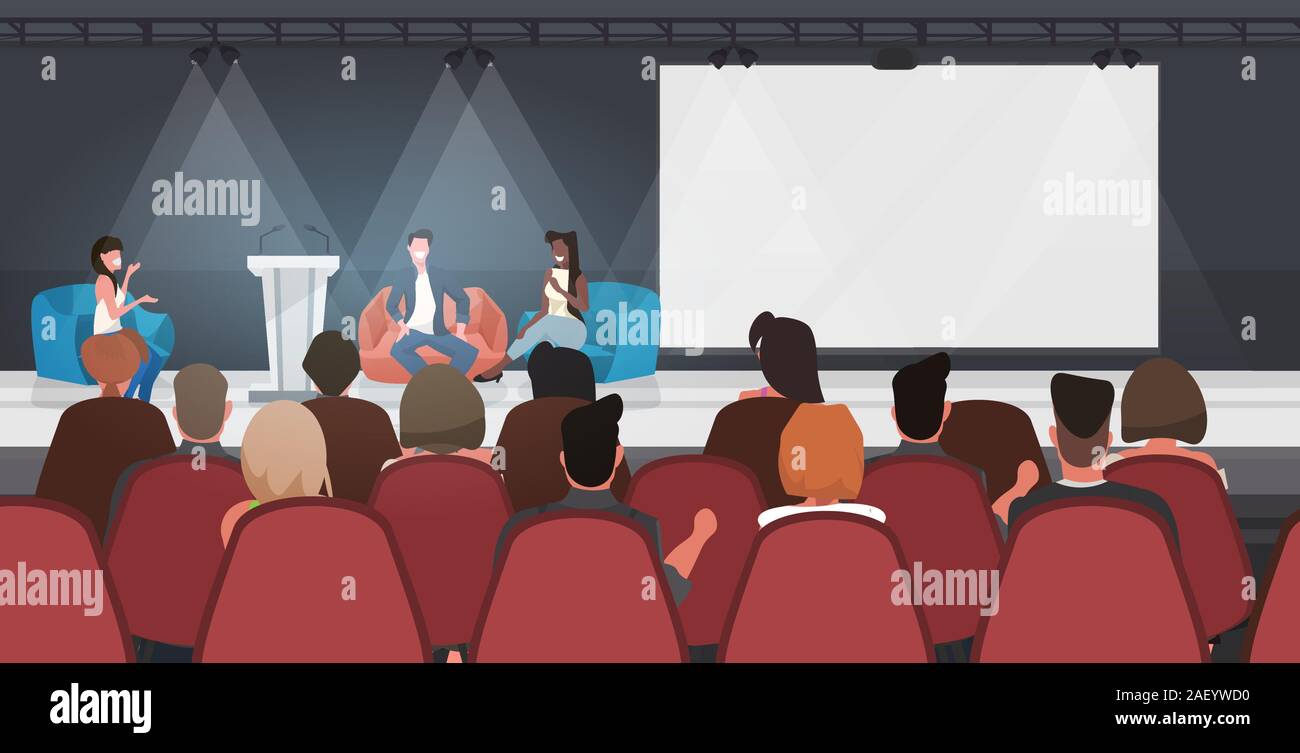 Business Leute sitzen auf Sitzsäcken, Rede auf der Konferenz treffen moderne Sitzungssaal Interieur voller Länge horizontale Vektor illustration Stock Vektor