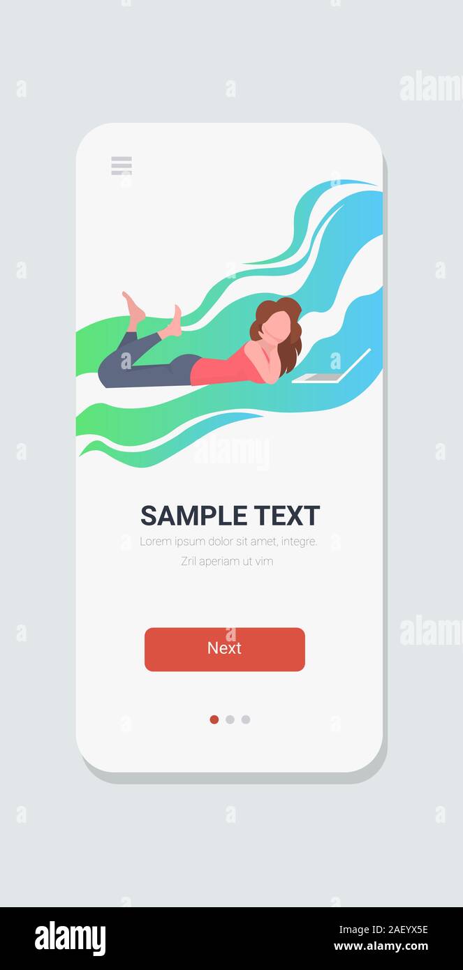 Auf dem Boden liegende Frau glücklich mit Laptop Bildschirm des Smartphones online mobile App vertikale voller Länge Vektor illustration Stock Vektor