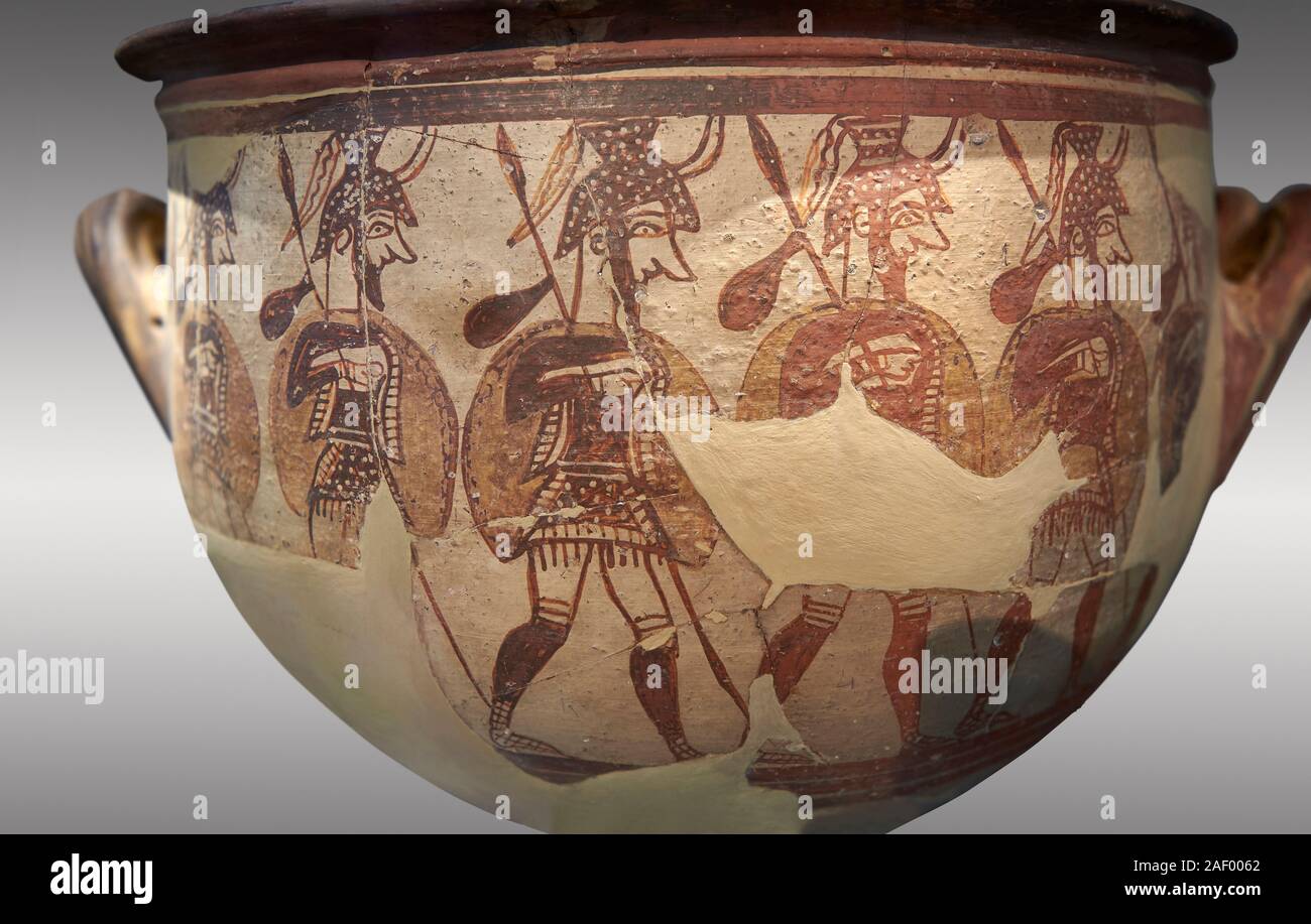 'Haus der Krieger Vase': Esoterisch mykenischen Krater, die mykenischen Soldaten in voller Rüstung, Mykene Akropolis, 12.Jh. v. Chr.. Die nationalen Archaeolo Stockfoto