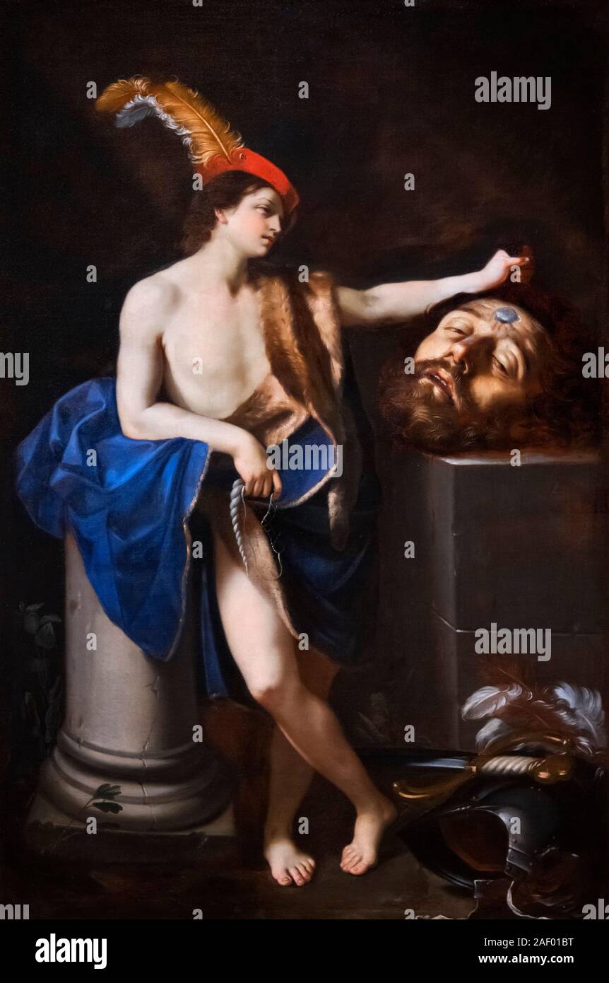 David mit dem Leiter der Goliath, unbekannter Künstler nach Guido Reni (1575-1642), Öl auf Leinwand, 1650 Stockfoto