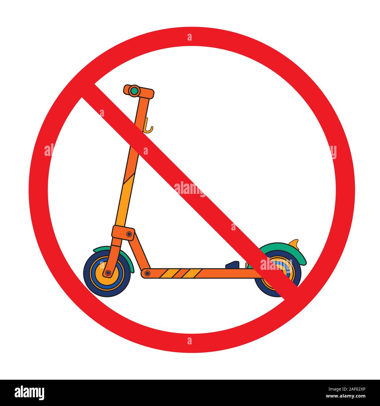 Moderne Motorroller in einem flachen Stil in ein Verbotsschild aufgestellt gezeichnet Stock Vektor