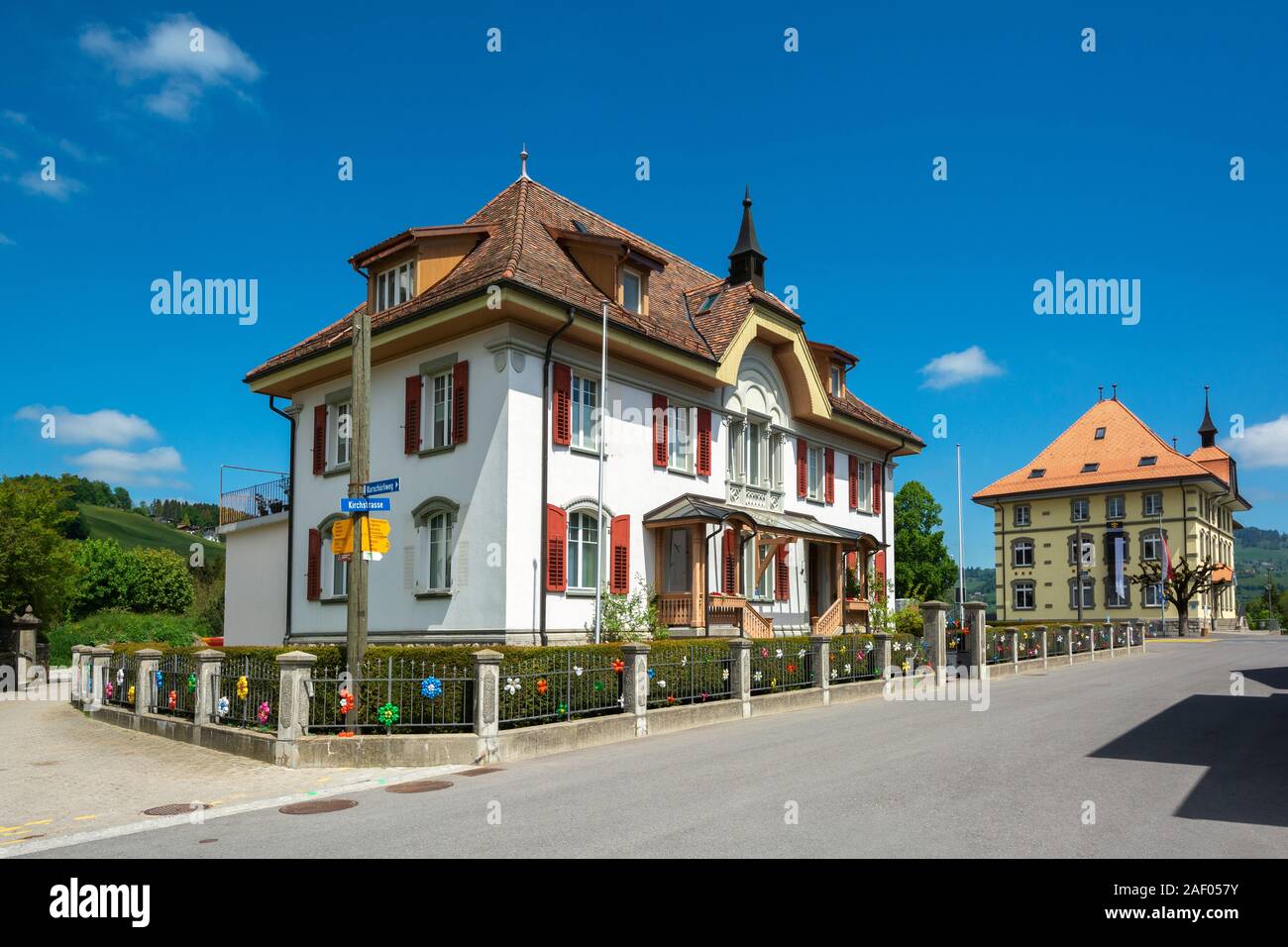 Schweiz, Fribourg, Kanton, Plaffeien, die ganze Stadt ist ein Schweizer Weltkulturerbe, Gebäude in der Nähe von Stadtzentrum Stockfoto