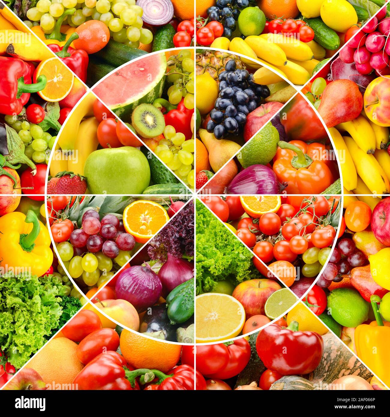Helles, frisches Obst und Gemüse in den runden Rahmen. Natürliche Hintergrund. Stockfoto