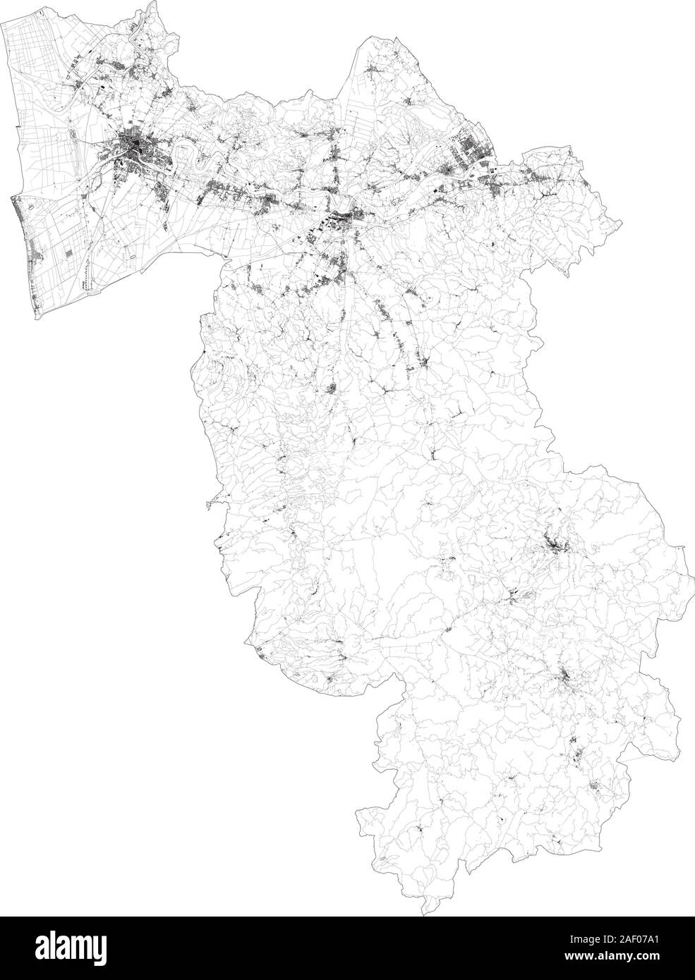 Sat-Karte der Provinz Pisa, Städte und Straßen, Gebäude und Straßen der Umgebung. Toskana, Italien. Karte Straßen, Ringstraßen Stock Vektor
