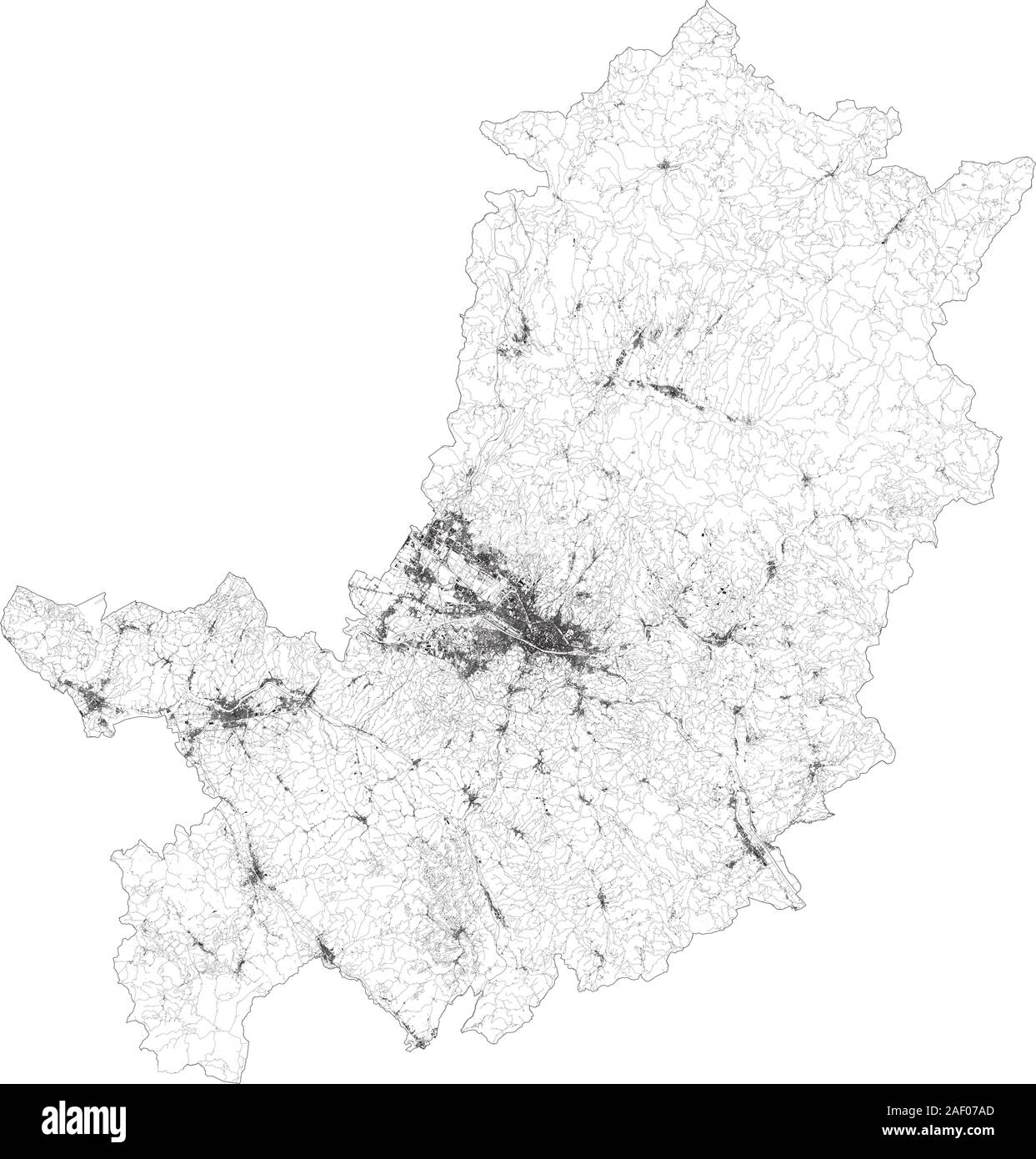 Sat-Karte der Provinz Florenz, Firenze, Städte und Straßen, Gebäude und Straßen der Umgebung. Toskana, Italien. Karte Straßen Stock Vektor