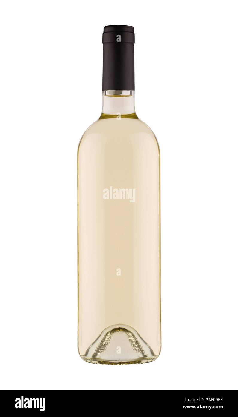 Vorderansicht des weißen Wein Flasche mit schwarzer Kappe Gehäuse auf weißem Hintergrund Stockfoto