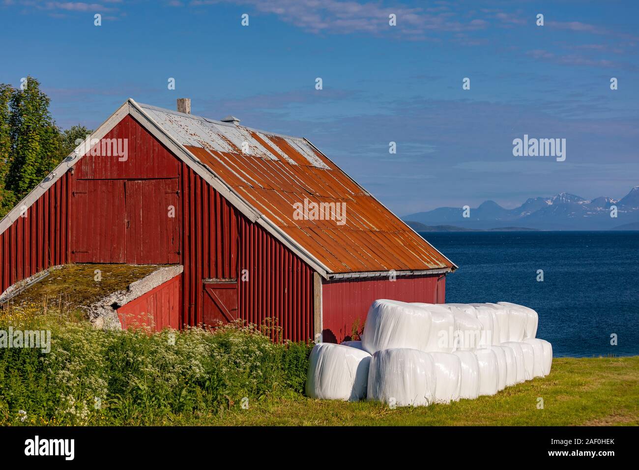 BAKKEJORD, INSEL KVALØYA, Troms, Norwegen - Rote Scheune und runde Heuballen, und Blick auf den Fjord. Stockfoto