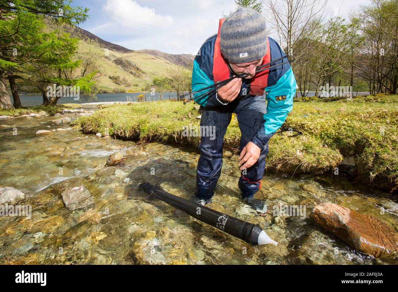 Dr. Jeff Warburton von der Universität Durham entleert eine Sedimentfalle aus einem Fluss, der in den Buttermere Lake im Lake District National Park mündet Stockfoto