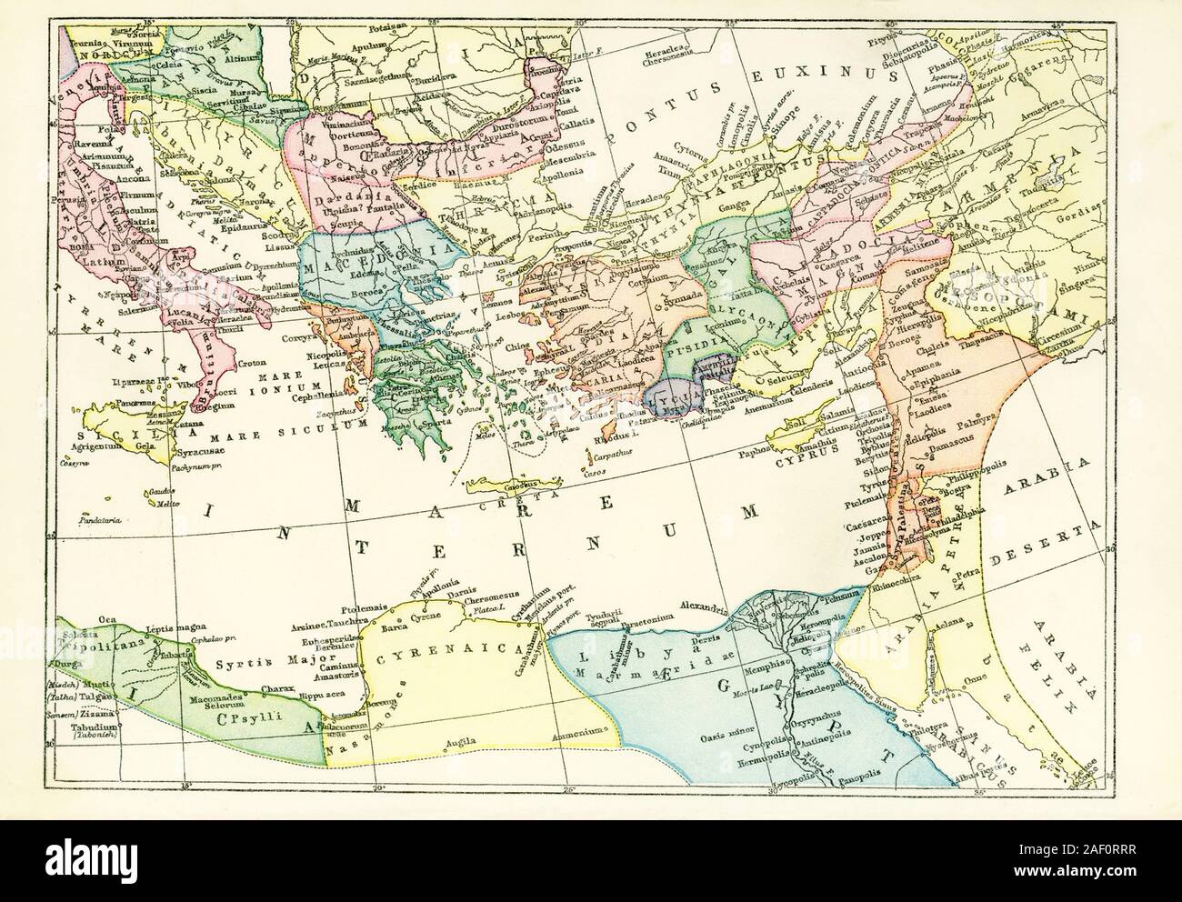 Diese Karte stammt aus dem Jahr 1897 und zeigt die westlichen Provinzen des Römischen Reiches. Unter ihnen sind: Arabien Pontica, Mesopotamien, Armenien, Kappadokien, Bithynien und Pontus, Galatien, Mysien, Lydia, und Kilikien. Stockfoto