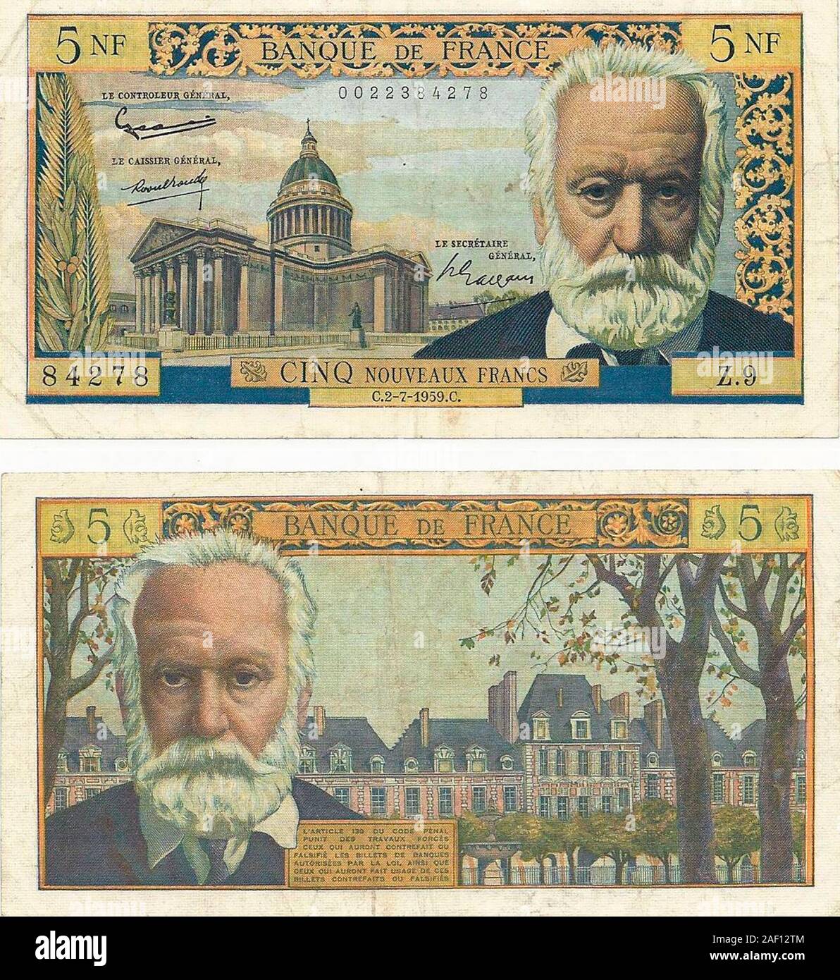 Frankreich 5 Nouveaux Francs 1959. Hugo, Victor, Dichter, 1802 Besancon - 1885 Paris. Porträt seiner Grabstätte das Pantheon in Paris/Portrait Place des Vosges in Paris, wo er zu leben. Stockfoto