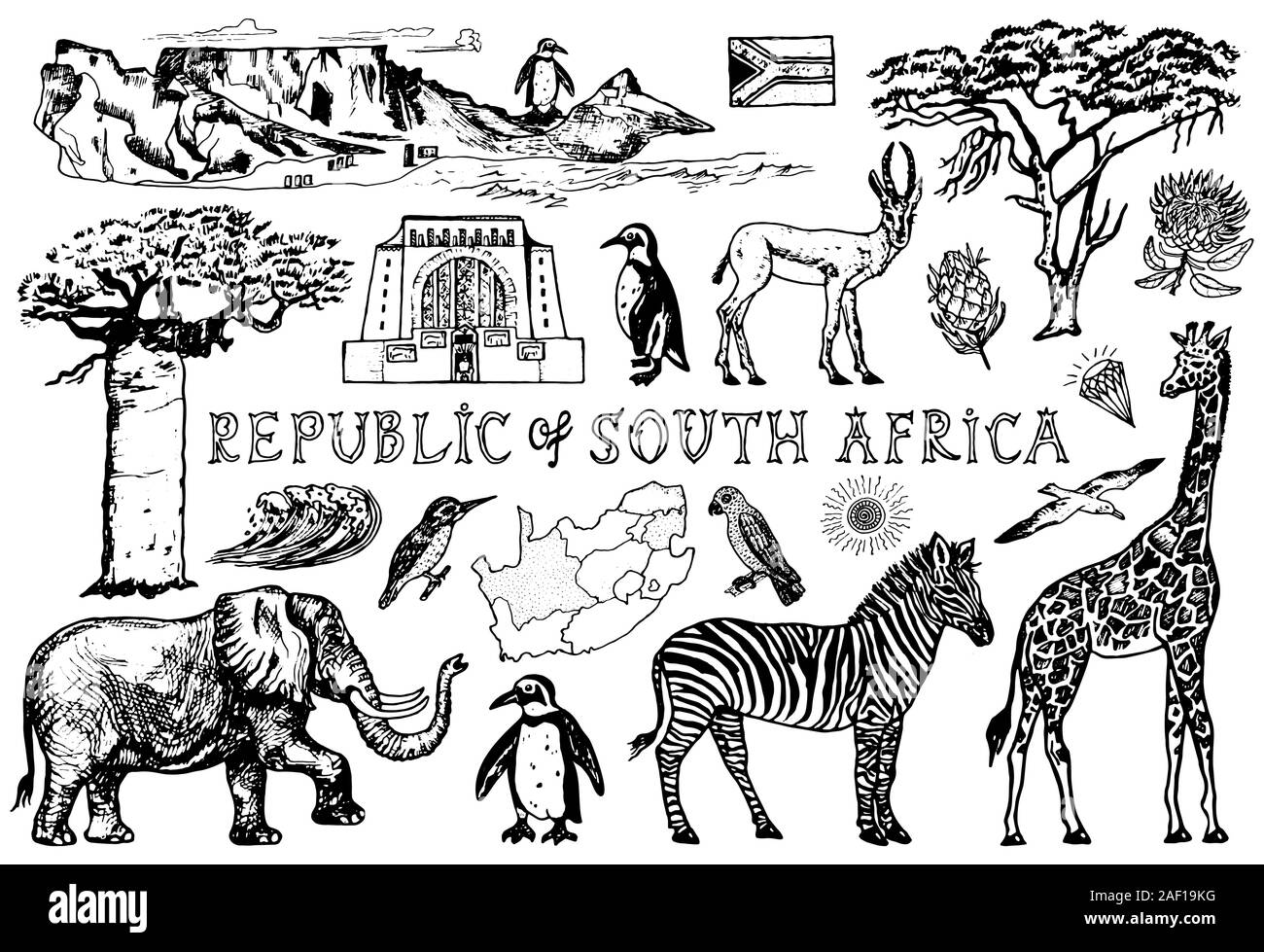 Afrika doodle Vintage eingestellt. Wilde Tiere in Safari auf weißem Hintergrund. Giraffen und Zebras, Karte und Vögel. Hand gezeichnete Skizze. Stock Vektor