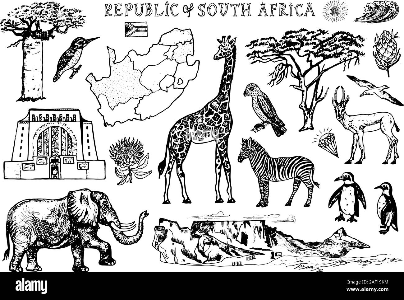 Afrika doodle Vintage eingestellt. Wilde Tiere in Safari auf weißem Hintergrund. Giraffen und Zebras, Karte und Vögel. Hand gezeichnete Skizze. Stock Vektor