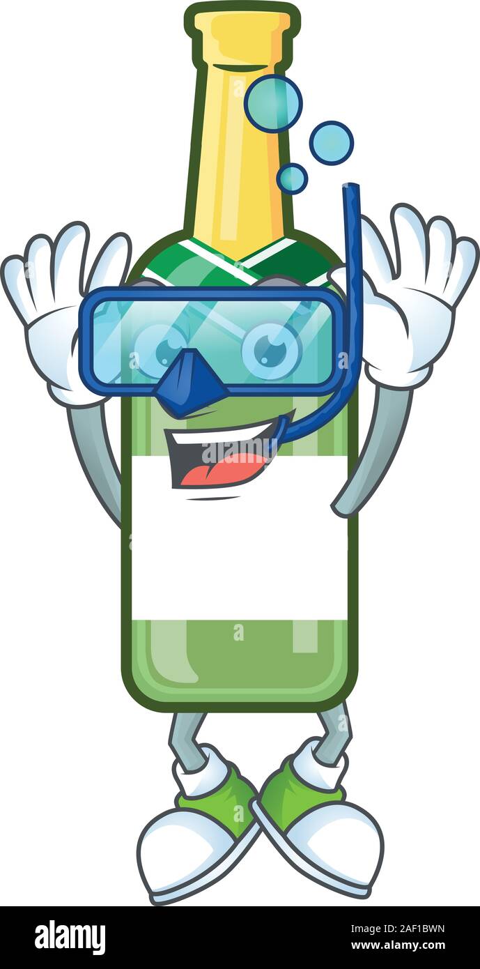 Lächelnd Champagner Flasche Zeichentrickfigur Stil tragen Tauchen Gläser Stock Vektor