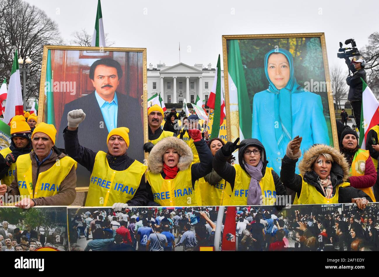 Washington, United States. 12 Dez, 2019. Die Demonstranten halten sie Porträts von iranischen Politiker Massoud Rajavii und seine Frau Maryam Rajavi, wie sie bei einer Rallye durch die Organisation der iranisch-amerikanische Gemeinschaften für einen Regimewechsel im Iran teilnehmen, in Washington, DC, am 8. März 2019. Die Gruppe ruft für ein iranisches Volk Aufstand für einen Regimewechsel in den herrschenden religiösen Partei bringen. Foto von Kevin Dietsch/UPI Quelle: UPI/Alamy leben Nachrichten Stockfoto
