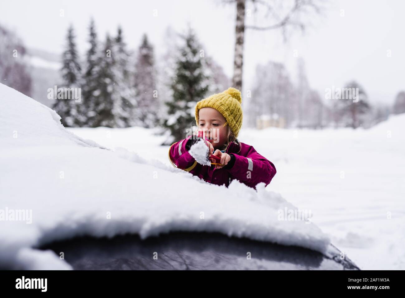 Mädchen bürsten Schnee vom Auto Stockfoto