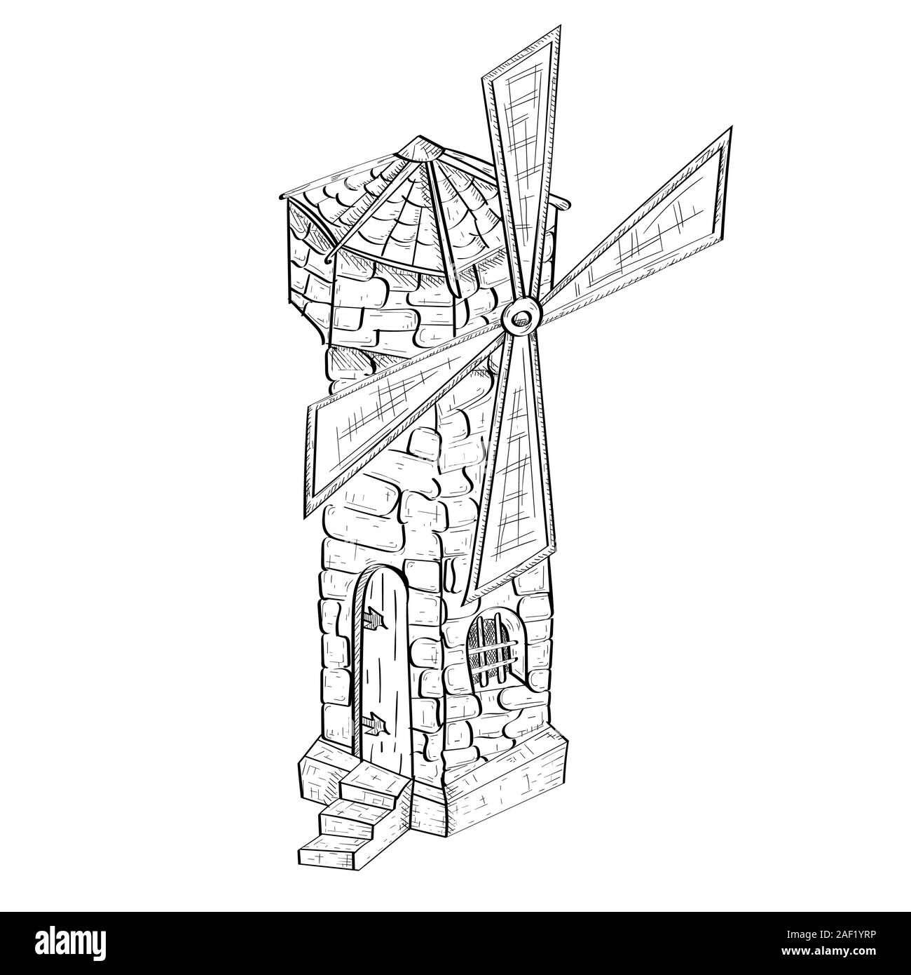Windmühle. Jahrgang Gebäude. Hand Skizze gezeichnet Stock Vektor