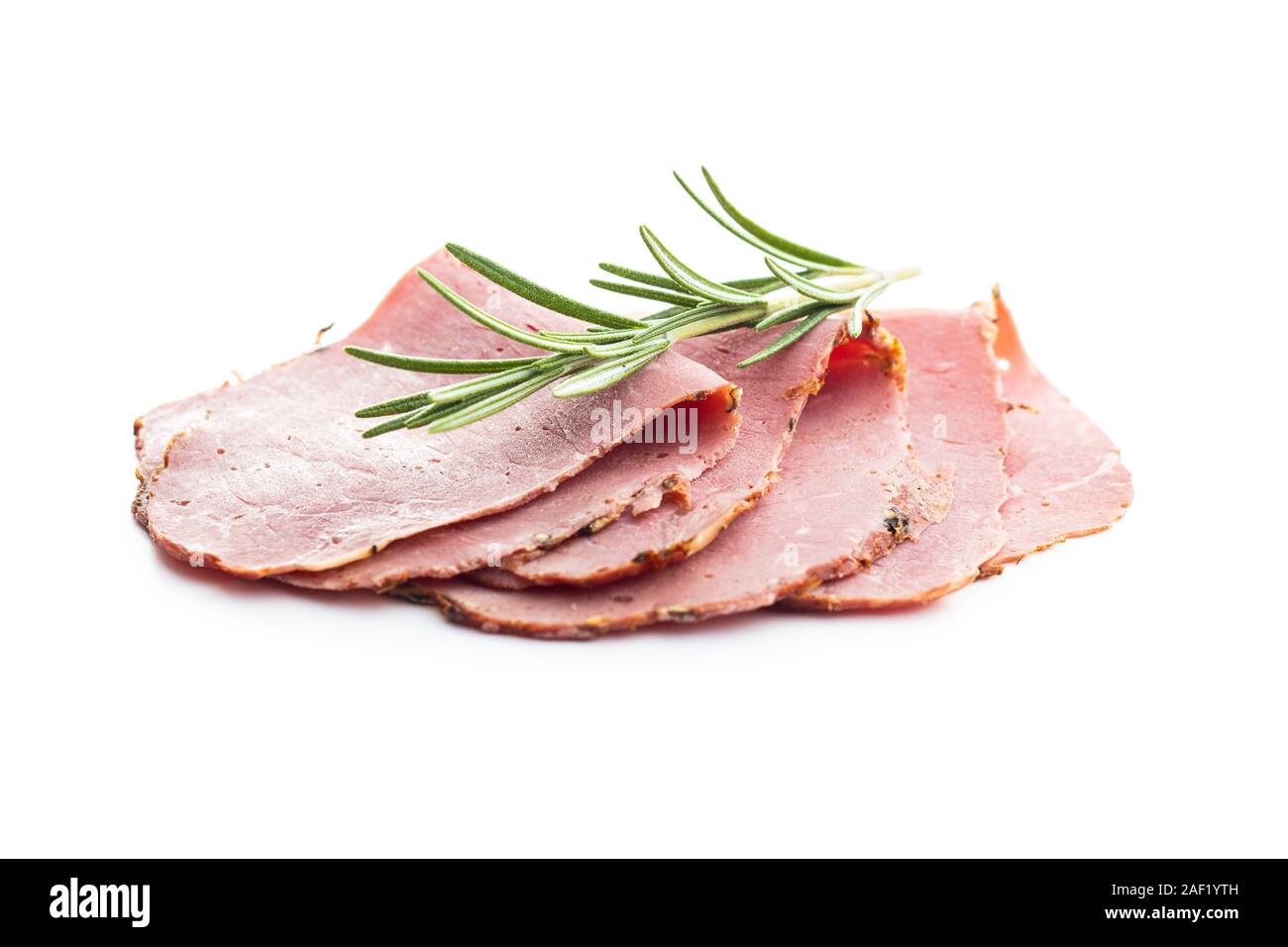 Roastbeef in Scheiben geschnitten. Lecker frisches Fleisch isoliert auf weißem backgrund. Stockfoto