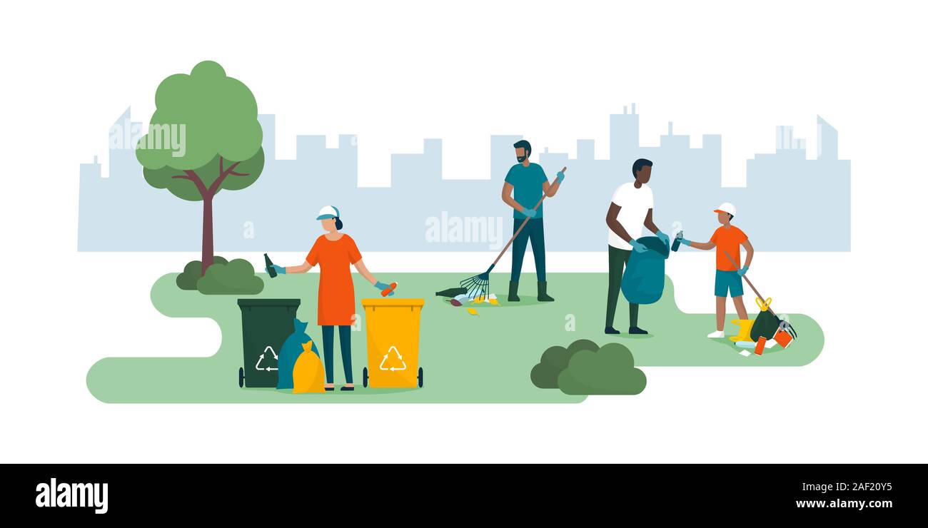 Menschen ehrenamtlich und Reinigung einer Stadt Park zusammen, sie sind das Sammeln und Trennen von Abfällen, Umweltschutz Konzept Stock Vektor