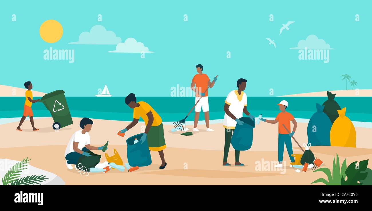 Die Menschen zusammen Freiwilligenarbeit und Reinigung am Strand, Sie sammeln und Trennen von Abfällen, Umweltschutz Konzept Stock Vektor