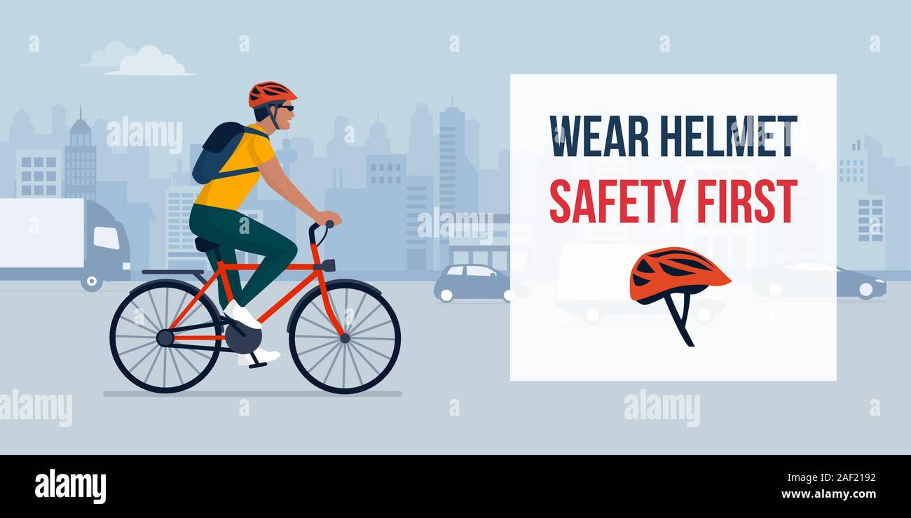 Helm beim Fahrradfahren, Mann, Radfahren in der Stadt Straße das Tragen eines Helmes, Sicherheitskonzept Stock Vektor