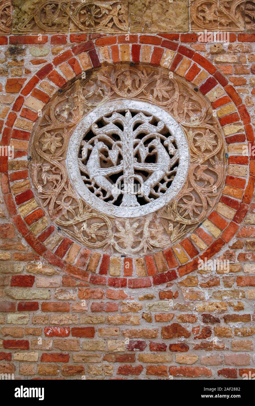 Italien Emilia Romagna Comacchio, Pomposa Abtei - Symbolik und externe Details Stockfoto