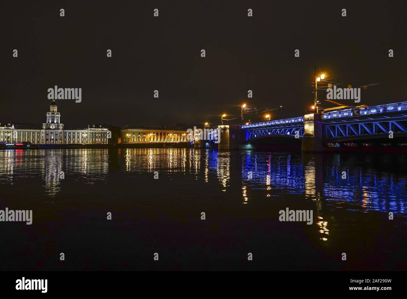 St. Petersburg, Russland Die Sankt-Peterburgskiy Nauchnyy Tsentr lief, der Universität und dem Palace Bridge bei Nacht. | Verwendung weltweit Stockfoto