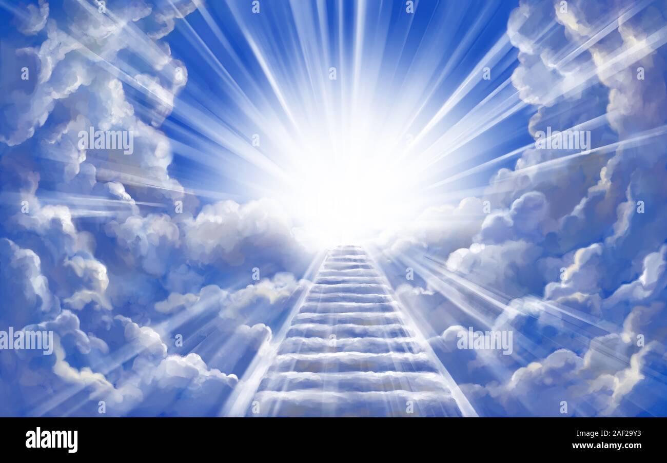 Treppe in den Himmel in Herrlichkeit, die Tore des Paradieses, die Begegnung mit Gott, dem Symbol des Christentums, Art Illustration mit Aquarellfarben gemalt. Stockfoto