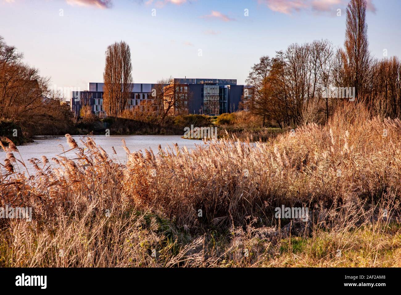 Die Universität von Northampton und die Avon Kosmetik Bürogebäude mit Blick über den Fluss Nene. England, UK. Stockfoto