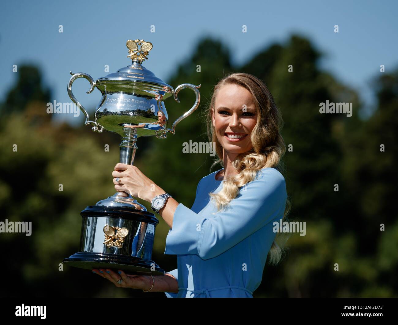 Caroline Wozniacki feiert ihr 2018 Australian Open Grand Slam Meisterschaft gewinnen an die Royal Botanic Gardens. Stockfoto