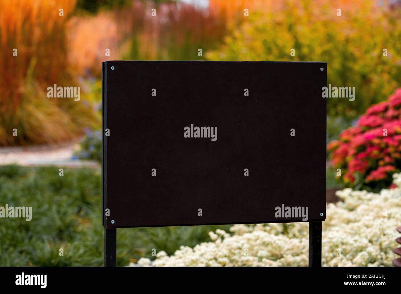 Leere Schwarze horizontale Billboard mit leeren Raum auf Pflanzen und Blumen Hintergrund. Canvas Board für Werbung oder Information Park oder Garten Stockfoto