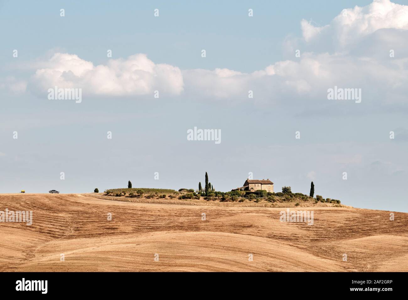 Im Sommer Landschaft Landschaft mit Bauernhaus im Orcia Tal/Val d'Orcia mit sanften Hügeln und Ackerland in der Toskana Italien EU Stockfoto