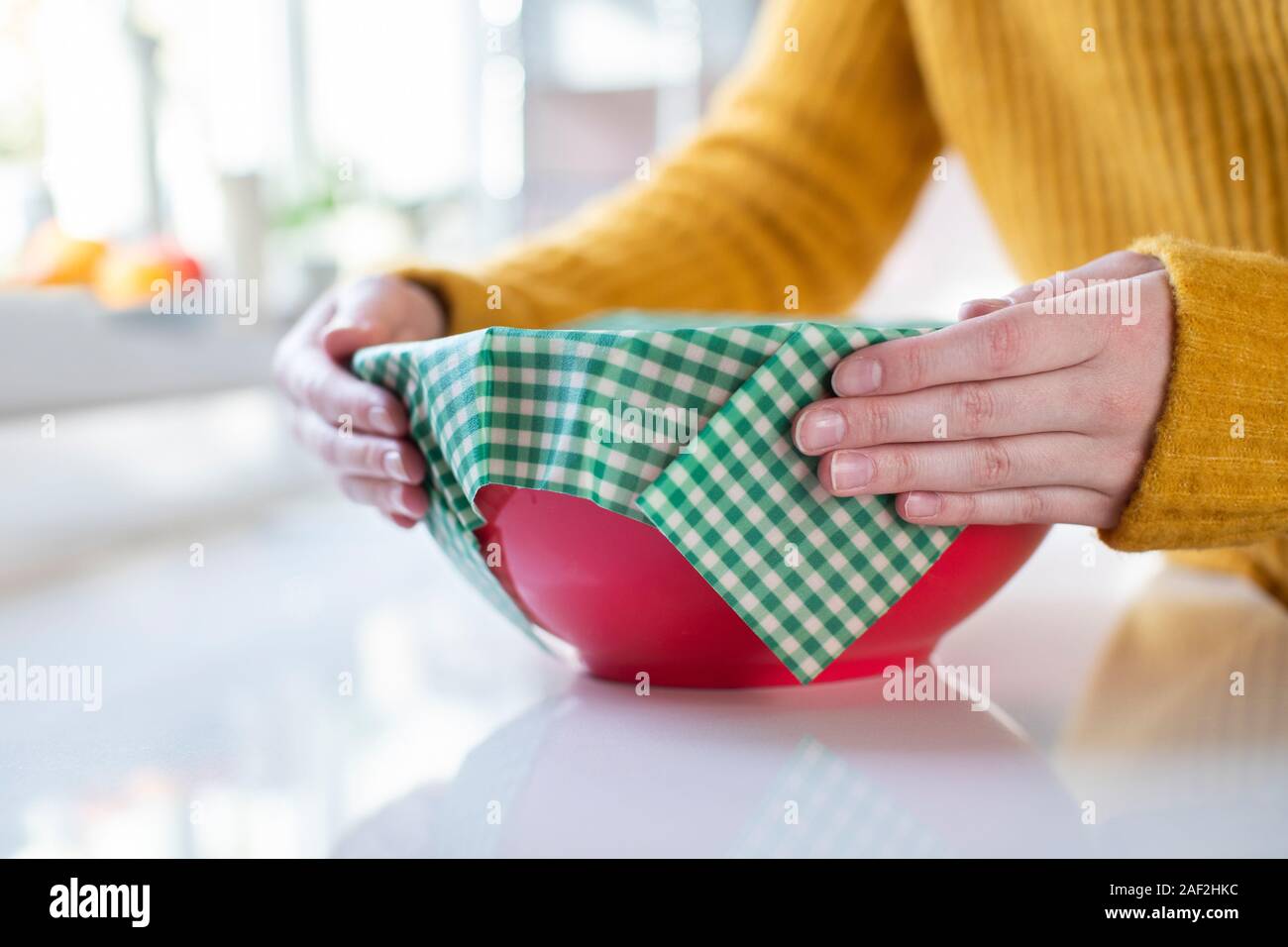 Nahaufnahme von Frau wickeln Essen Schüssel in wiederverwendbare Umweltfreundliche Bienenwachs Wickeln Stockfoto