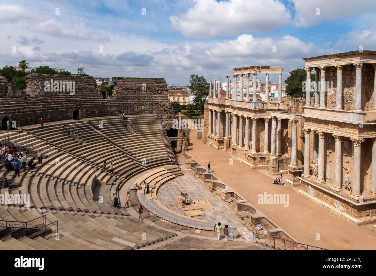 Blick auf den Großen Römischen Theater in der Stadt von Merida, Spanien Stockfoto