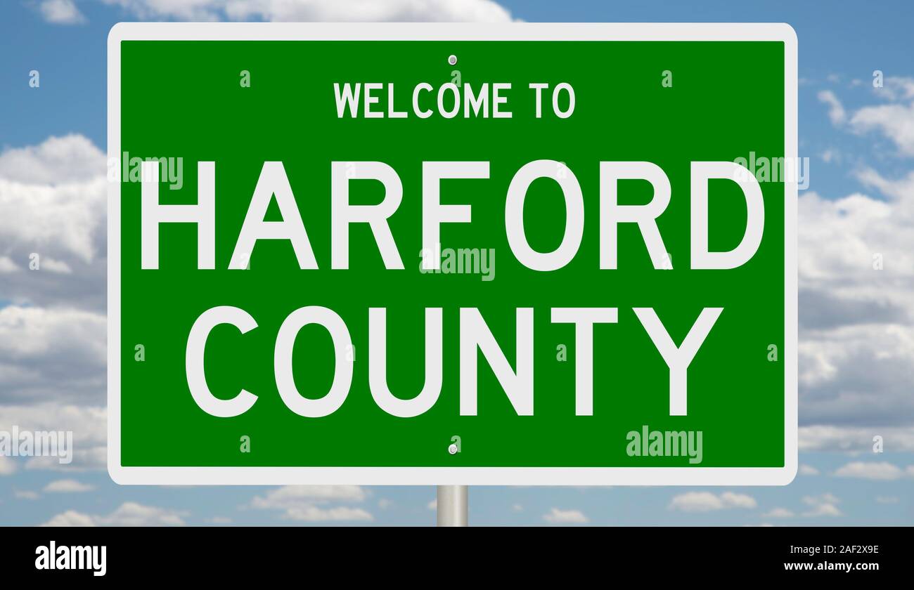 Rendering von einem grünen 3d Autobahn Zeichen für Harford County Stockfoto