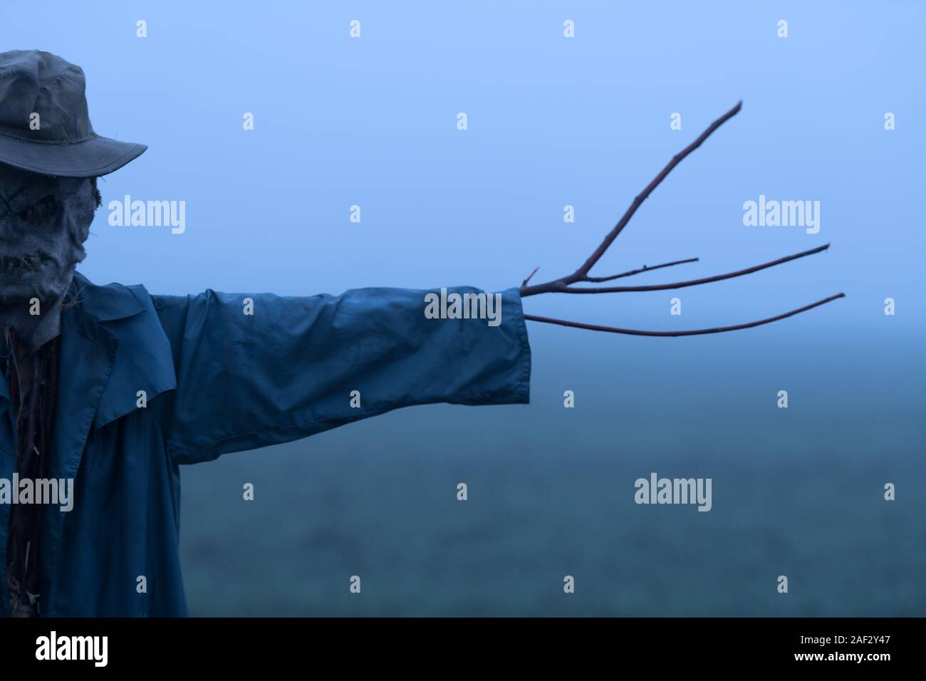 Schreckliche Vogelscheuche in dunklen Mantel und schmutzigen Hut steht allein in einem leeren Feld. Halloween Konzept Stockfoto