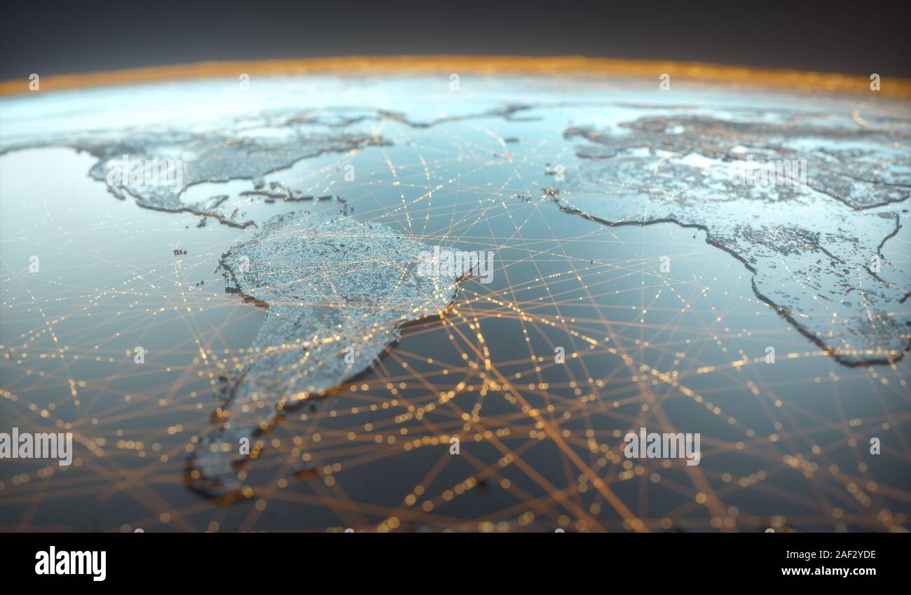Globalisierten Welt, die Zukunft der digitalen Technologie. Verbindungen und Cloud Computing in der virtuellen Welt. Weltkarte mit Sat-Datenverbindungen. C Stockfoto