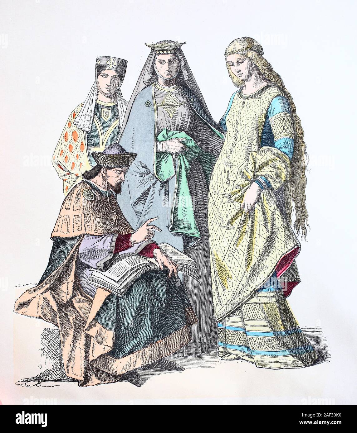 Nationale Kostüm, Kleidung, Geschichte der Kostüme, deutscher Prinz und deutschen Frauen, 12. Jahrhundert, Volkstracht, Kleidung, der Kostüme, deutscher Fürst und deutsche Frauen, 12. Jahrhundert Stockfoto