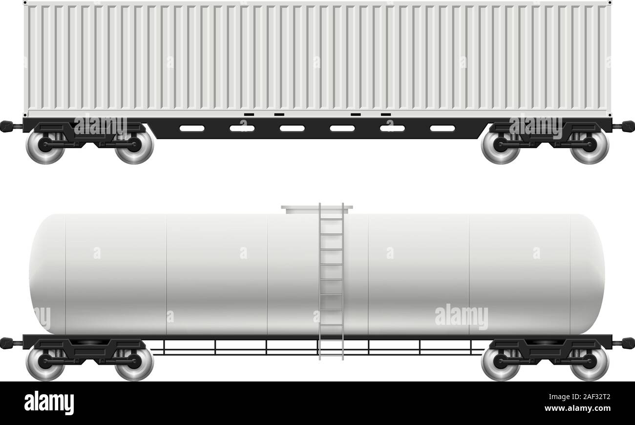 Railroad cars - Tanks und Behälter Blick von der Seite. Cargo Waggons auf weißem Hintergrund Vector Illustration. Einfache Bearbeitung und Recolor Stock Vektor